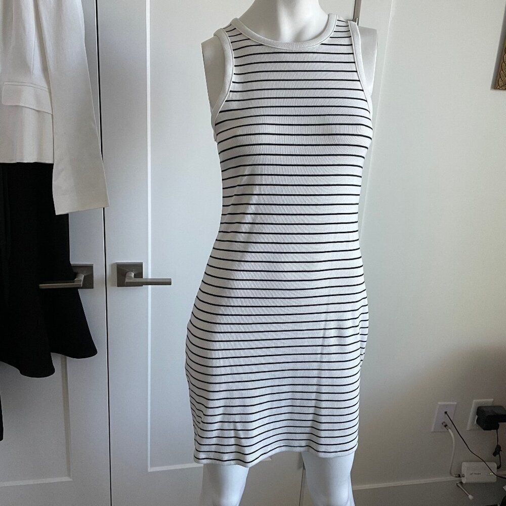 a . new day Slvless Crew Nk Ribbed Striped Cotton Blend Mini Dress Blk Cream S